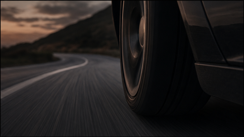 An anonymous tire leaning into a corner